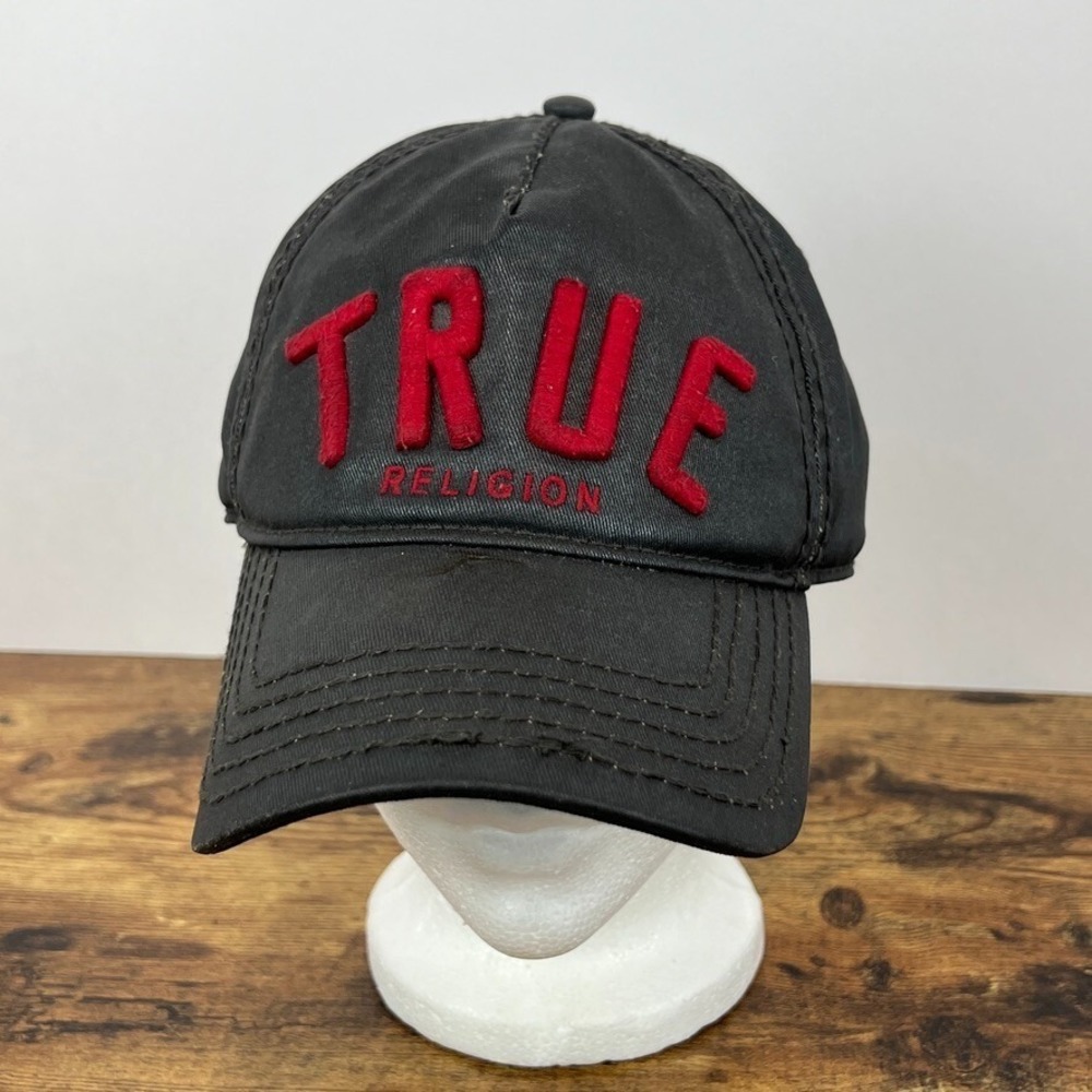 True Religion Waxed Cotton Spellout Logo‎ Baseball Hat Leather Strapback